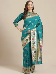 Saree mall Teal Green & Golden Woven Design Banarasi Saree