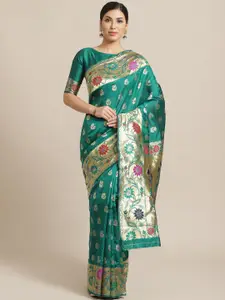 Saree mall Teal Green & Golden Woven Design Banarasi Saree