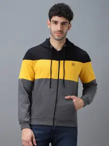 Urbano Fashion Men Black & Yellow Colourblocked Hooded Sweatshirt