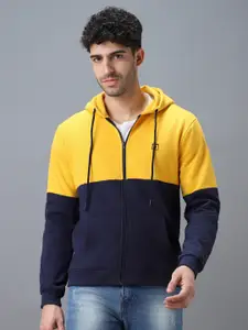 Urbano Fashion Men Yellow & Navy Blue Colourblocked Hooded Sweatshirt