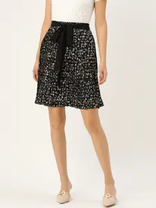 Antheaa Women Black & Off-White Printed Accordian Pleated A-Line Skirt