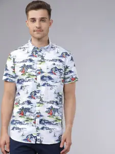 HIGHLANDER Men White & Blue Slim Fit Printed Casual Shirt