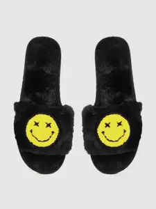 DressBerry Women Black & Yellow Emoji Applique Faux Fur Room Slippers