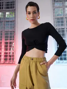 SASSAFRAS Women Black Solid Cropped Twisted Knot Top