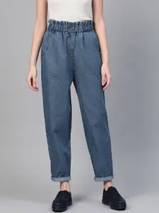 SASSAFRAS Women Blue Regular Fit High-Rise Clean Look Paper Bag Waist Jeans