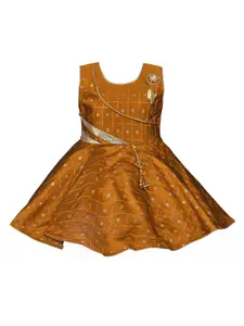 Wish Karo Girls Bronze-Toned Printed Fit and Flare Silk Dress