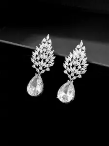 Yellow Chimes Silver-Toned Cubic Zircon Teardrop Shaped Drop Earrings