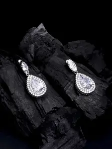 Yellow Chimes Silver-Plated CZ Studded Teardrop Shaped Drop Earrings