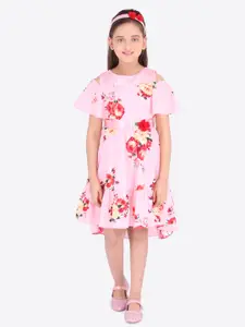 CUTECUMBER Girls Pink & Red Floral Print Fit and Flare Cold Shoulder Dress