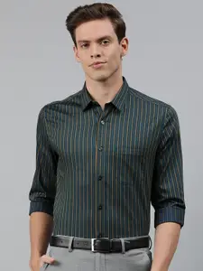 Louis Philippe Men Green & Mustard Yellow Super Slim Fit Striped Formal Shirt