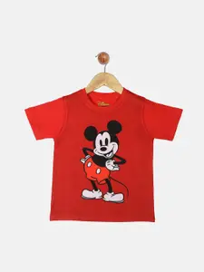 YK Disney Boys Red Mickey Mouse Printed Round Neck T-shirt