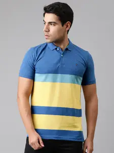 Louis Philippe Sport Men Blue  Yellow Colourblocked Polo Collar Pure Cotton T-shirt