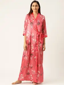 Sweet Dreams Pink Solid Satin Finish Nightdress with Floral Print Robe