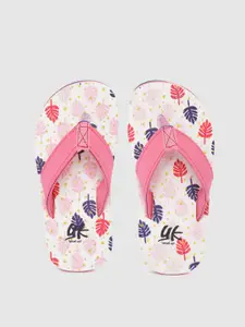 YK Girls Pink & White Leaf Print Thong Flip-Flops