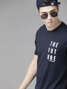 Roadster Men Navy Blue Printed Round Neck Pure Cotton T-shirt