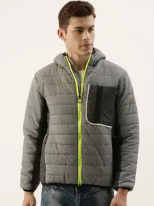 Campus Sutra Men Grey Solid Windcheater Padded Jacket with Pocket Detail