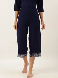 Amante Women Blue Solid Cropped Lounge Pants with Lace Inserts