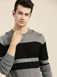 INVICTUS Men Grey & Black Striped Pullover Sweater