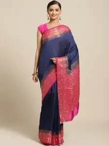 Shaily Navy Blue & Pink Solid Saree