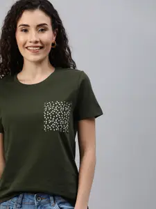 Mast & Harbour Mast  Harbour Women Olive Green Solid Round Neck Pure Cotton T-shirt with Pocket