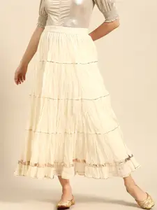 Varanga Off-White Maxi Tiered Skirt with Gotta Patti Detail