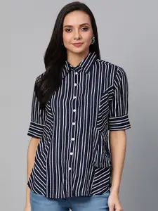YASH GALLERY Women Navy Blue & White Regular Fit Striped Casual Shirt