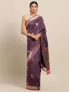 VASTRANAND Burgundy & Pink Silk Blend Woven Design Banarasi Saree
