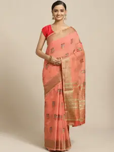 Shaily Peach-Coloured & Golden Zari Woven Design Saree