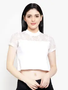 LE BOURGEOIS Women White Self Design Crop Pure Cotton Top
