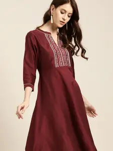 all about you Women Maroon Solid A-Line Dress With Embroidered Detail