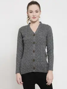 Kalt Women Grey Melange Self Design Front-Open Acrylic Sweater