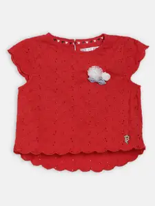 ELLE Girls Red Self Design Pure Cotton Top