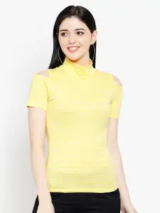 LE BOURGEOIS Women Yellow Striped High Neck Top
