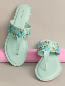 Marc Loire Women Mint Green & Gold-Toned Embroidered T-Strap Flats