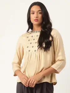 ROOTED Women Beige Embroidered Top