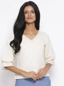 ROOTED Women Cream-Coloured Embroidered Top