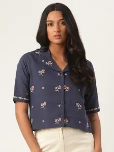 ROOTED Women Navy Blue Embroidered Shirt Style Top