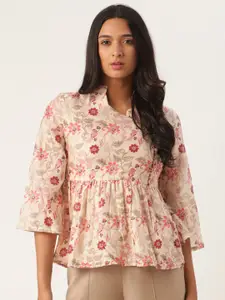 ROOTED Women Off-White & Pink Floral Printed Peplum Top