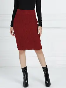 all about you Women Maroon Self Design Knee Length Pencil Skirt