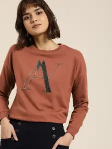 all about you Women Rust Brown Self Design Embellished Sweatshirt