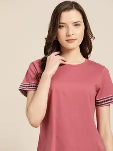 all about you Women Pink Solid Round Neck Pure Cotton T-shirt