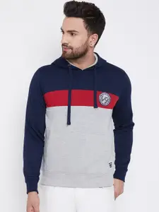 Austin wood Men Grey & Navy Blue Colourblocked Hooded Sweatshirt