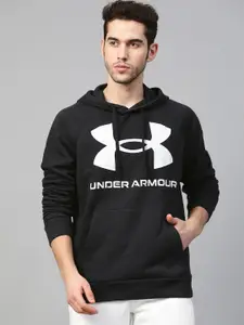 UNDER ARMOUR Men Black Rival Fleece Big Logo HD Printed Hooded Training Sweatshirt