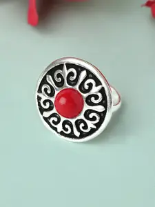 Rubans Oxidised Silver-Plated Red & Black Stone-Studded Enameled Handcrafted Finger Ring