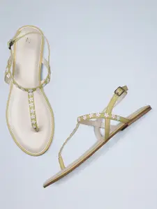 W W The Folksong Collection Women Yellow Embellished T-Strap Flats
