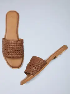 W Women Brown Woven Design Leather Open Toe Flats