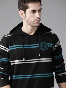 Roadster Men Black & Blue Striped Hooded Sweatshirt