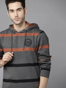 Roadster Men Charcoal Grey & Black Striped Hooded Sweatshirt