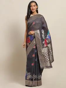 Saree mall Black Linen Blend Woven Design Banarasi Saree
