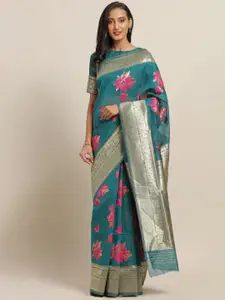 Saree mall Teal Linen Blend Woven Design Banarasi Saree